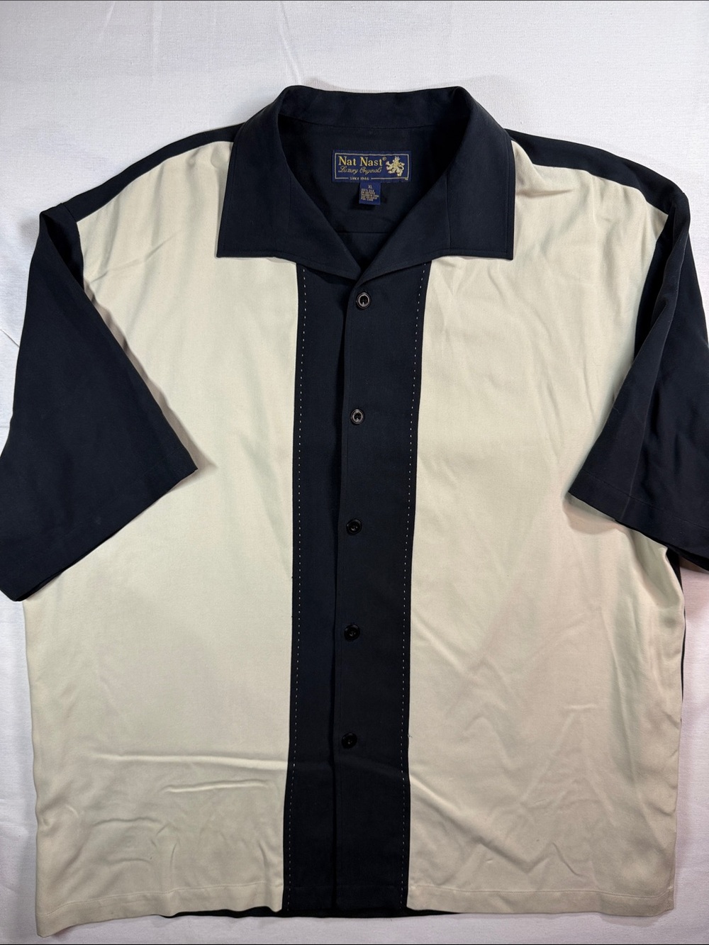 Nat Nast 100% Silk Bowling Shirt Colorblock Cream Black Retro XL - Picture 3 of 7